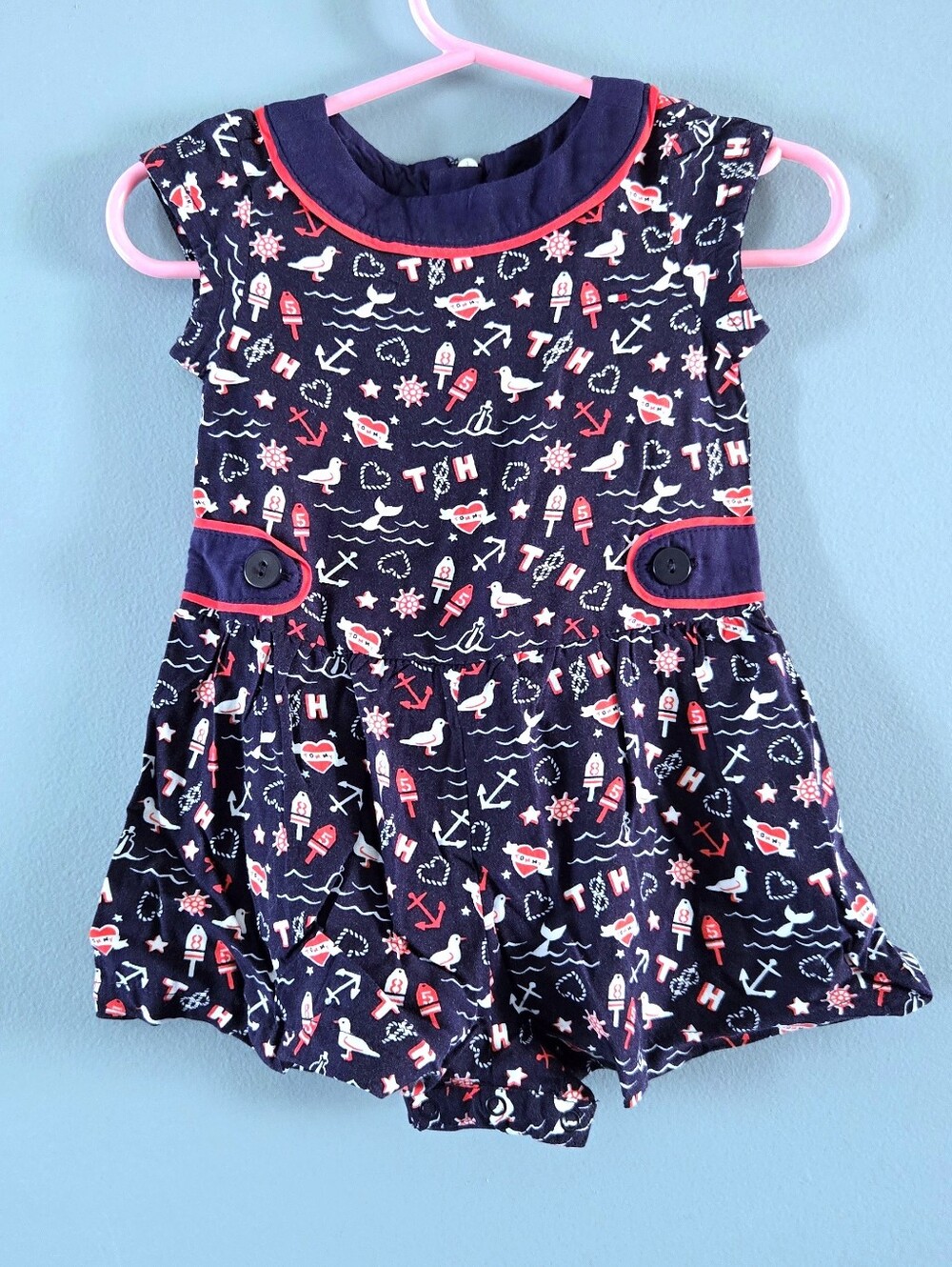 NWOT Tommy Hilfigur Navy Nautical Print Girls Romper w/ Red & White Accents 24m